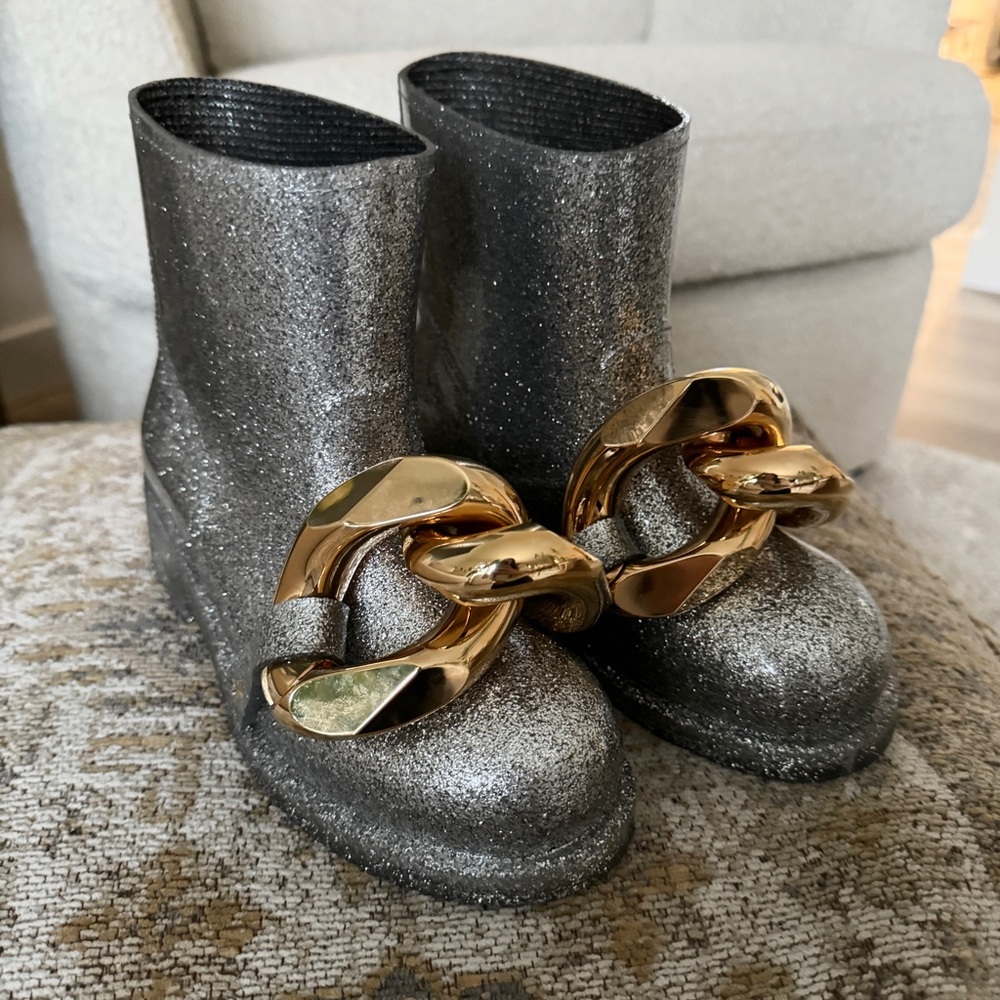 NWT - J.W Anderson Silver Rubber Rain Boots with Gold Buckle